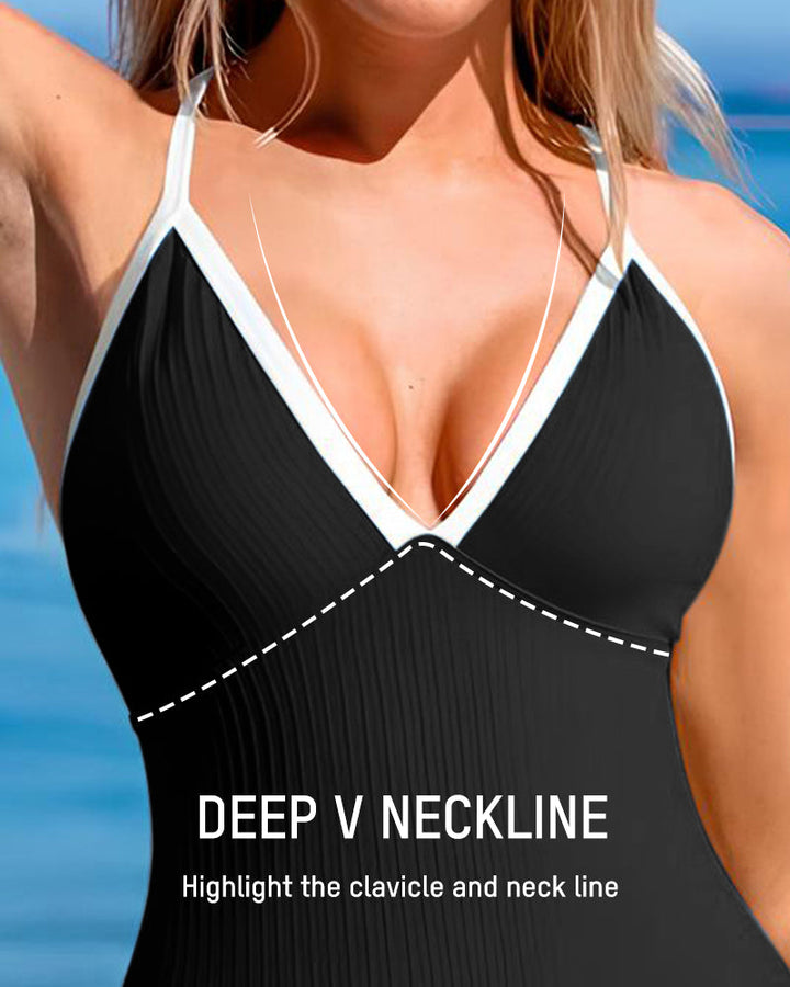 Deep V Ribbed Cross Back One-Piece Swimsuit