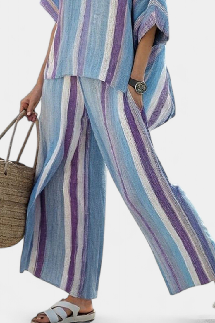 Faelith | Elegant Mauve Pastel Top & Striped Linen Pants